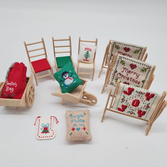 Miniature Christmas Decor Wooden Stands Needlepoint Chairs Pillows Doll House - Picture 1 of 10